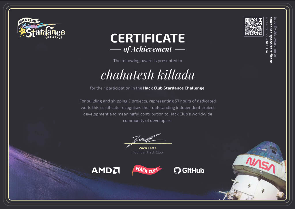 Stardance Certificate of Recognition for Chahatesh